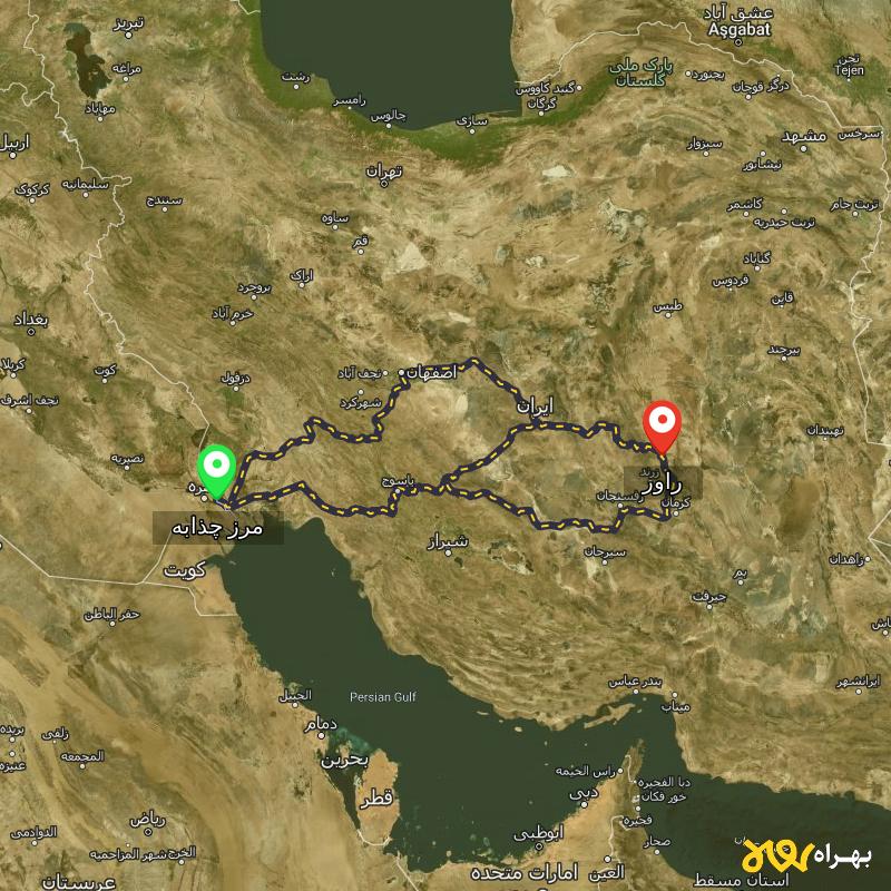 مسافت و فاصله راور - کرمان تا مرز چذابه - استان خوزستان از ۳ مسیر - اردیبهشت ۱۴۰۳