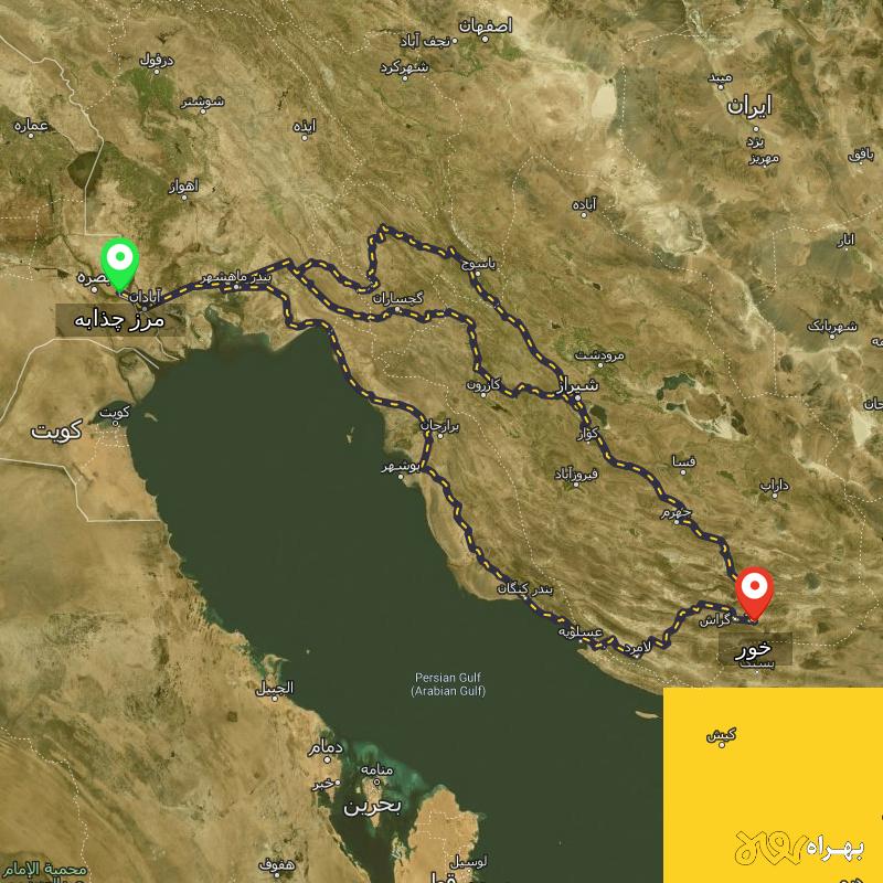 مسافت و فاصله خور - فارس تا مرز چذابه - استان خوزستان از ۳ مسیر - اردیبهشت ۱۴۰۳
