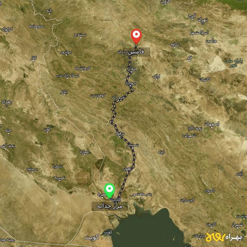 مسافت و فاصله فامنین - همدان تا مرز چذابه - استان خوزستان - آبان ۱۴۰۳