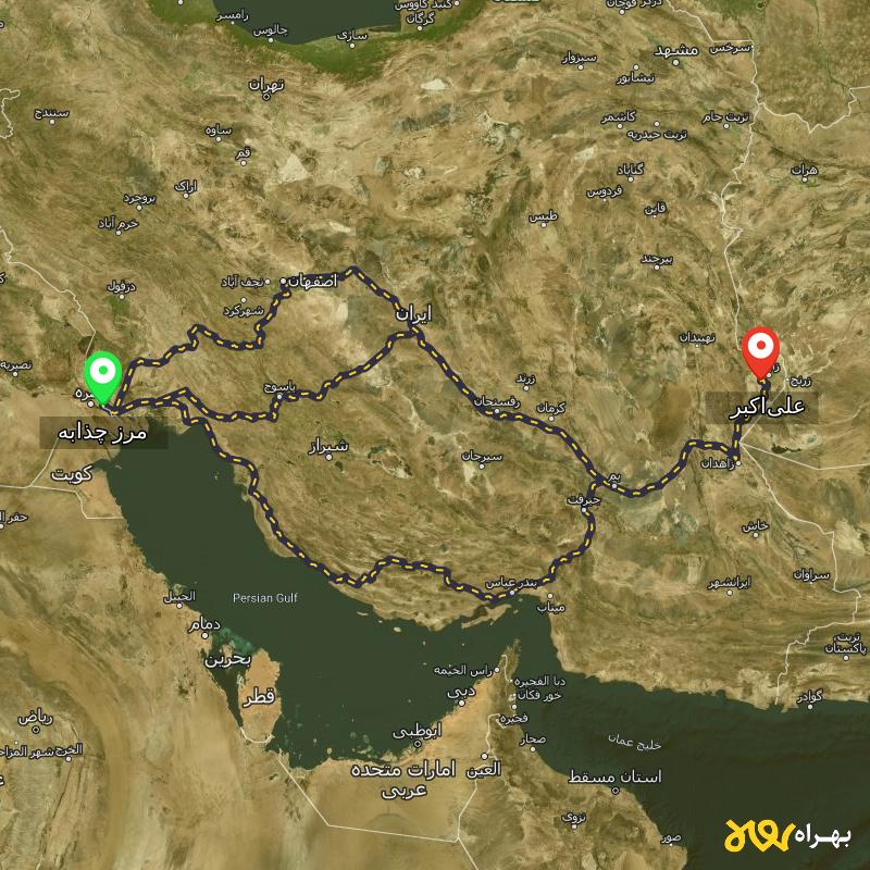 مسافت و فاصله علی‌اکبر - سیستان و بلوچستان تا مرز چذابه - استان خوزستان از ۳ مسیر - اردیبهشت ۱۴۰۳