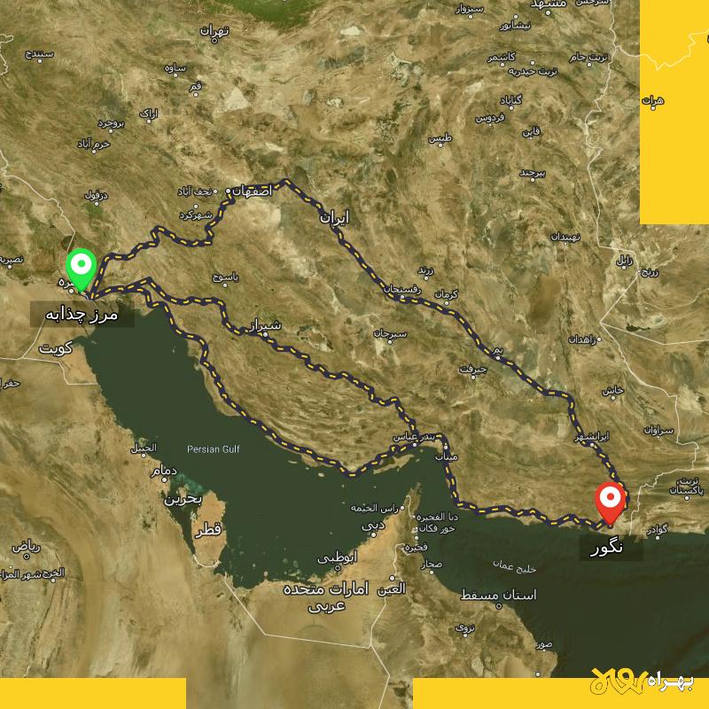 مسافت و فاصله نگور - سیستان و بلوچستان تا مرز چذابه - استان خوزستان از ۳ مسیر - اردیبهشت ۱۴۰۳