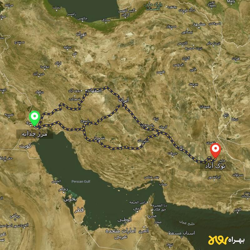 مسافت و فاصله نوک آباد - سیستان و بلوچستان تا مرز چذابه - استان خوزستان از ۳ مسیر - شهریور ۱۴۰۳