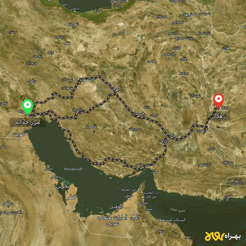 مسافت و فاصله زهک - سیستان و بلوچستان تا مرز چذابه - استان خوزستان از ۳ مسیر - اردیبهشت ۱۴۰۳