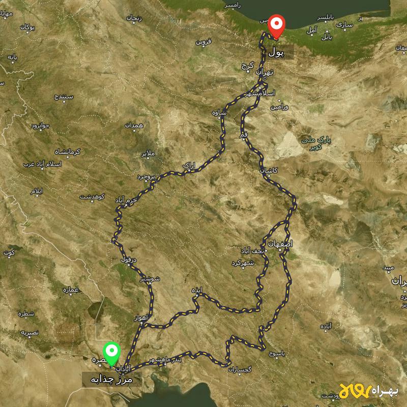 مسافت و فاصله پول - مازندران تا مرز چذابه - استان خوزستان از ۳ مسیر - اردیبهشت ۱۴۰۳