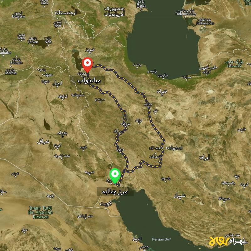 مسافت و فاصله میاندوآب - آذربایجان غربی تا مرز چذابه - استان خوزستان از ۲ مسیر - آذر ۱۴۰۳