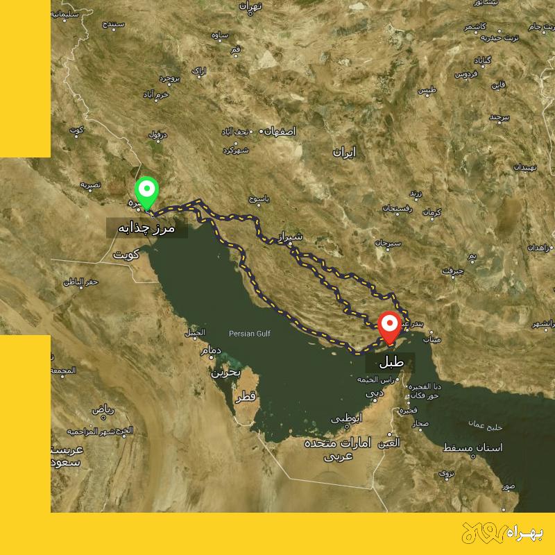 مسافت و فاصله طبل - هرمزگان تا مرز چذابه - استان خوزستان از ۳ مسیر - اردیبهشت ۱۴۰۳