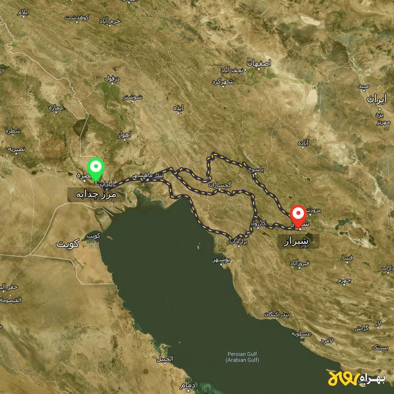 مسافت و فاصله شیراز تا مرز چذابه - استان خوزستان از ۳ مسیر - اردیبهشت ۱۴۰۳