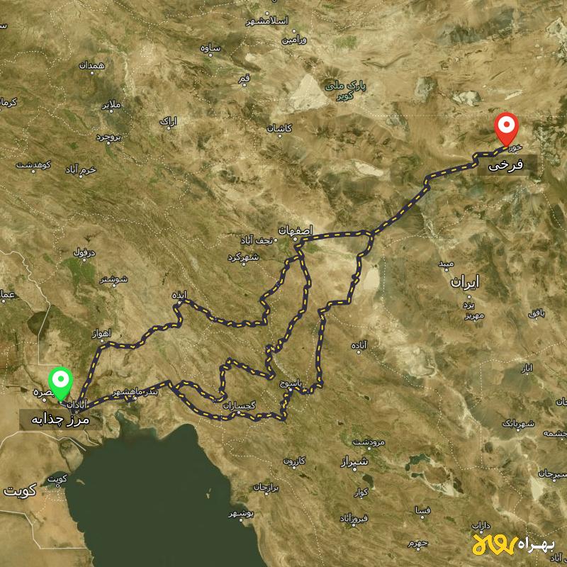 مسافت و فاصله فرخی - اصفهان تا مرز چذابه - استان خوزستان از ۳ مسیر - اردیبهشت ۱۴۰۳