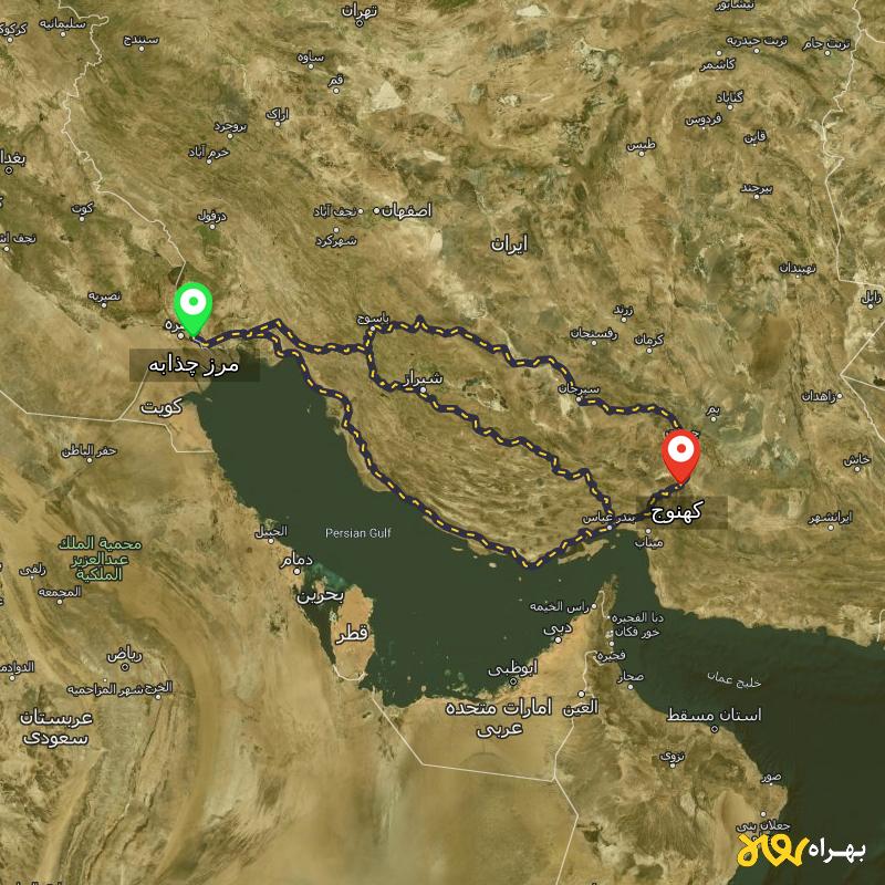 مسافت و فاصله کهنوج - کرمان تا مرز چذابه - استان خوزستان از ۳ مسیر - شهریور ۱۴۰۳