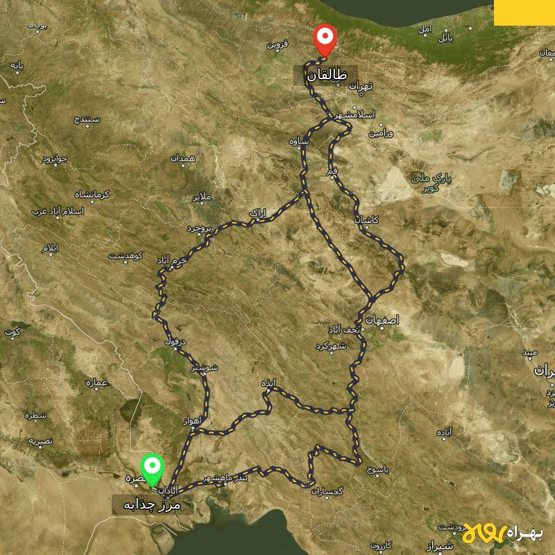 مسافت و فاصله طالقان - البرز تا مرز چذابه - استان خوزستان از ۳ مسیر - آبان ۱۴۰۳