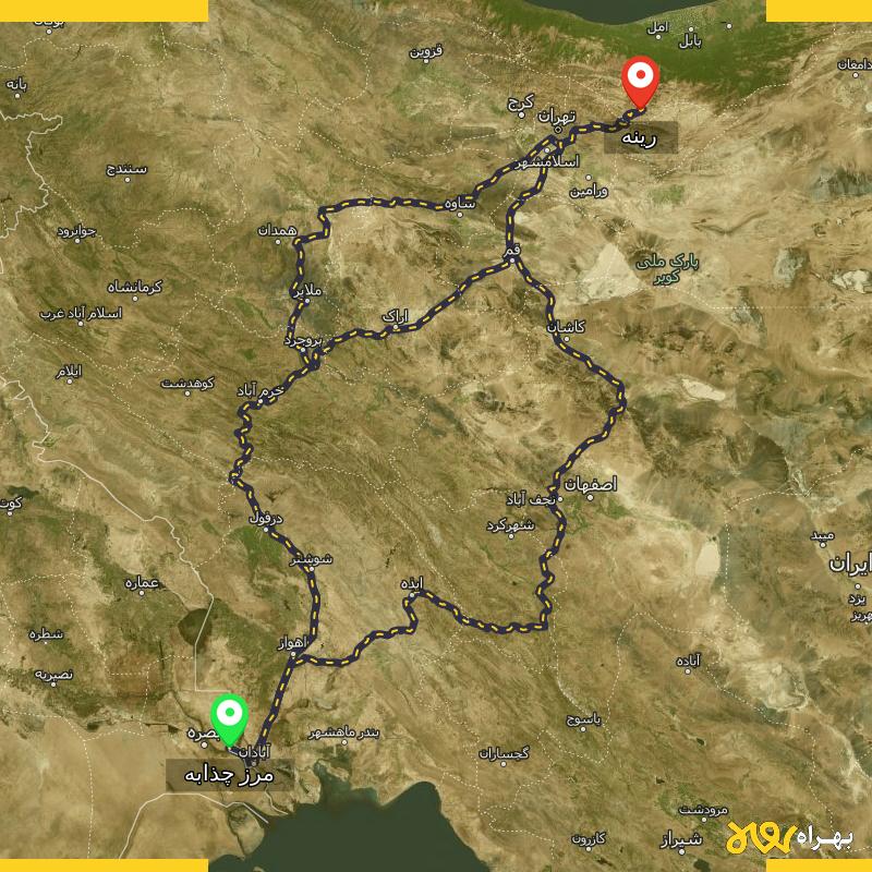 مسافت و فاصله رینه - مازندران تا مرز چذابه - استان خوزستان از ۳ مسیر - اردیبهشت ۱۴۰۳