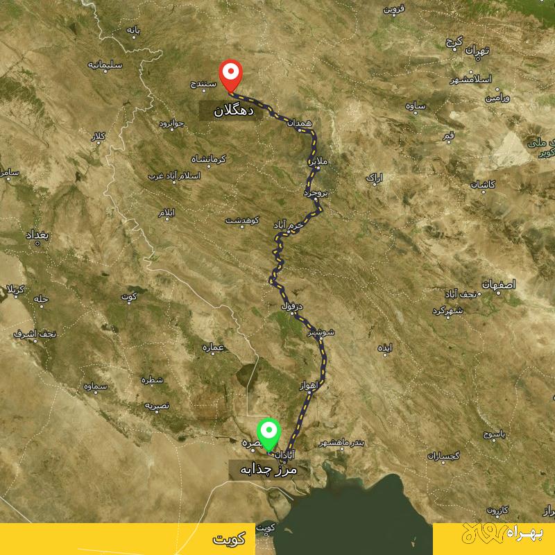 مسافت و فاصله دهگلان - کردستان تا مرز چذابه - استان خوزستان - اردیبهشت ۱۴۰۳
