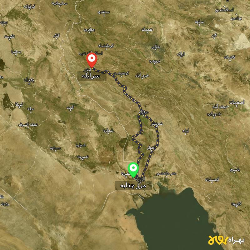 مسافت و فاصله سرابله - ایلام تا مرز چذابه - استان خوزستان از ۲ مسیر - اردیبهشت ۱۴۰۳