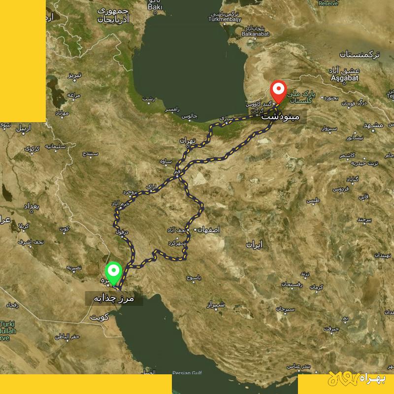 مسافت و فاصله مینودشت - گلستان تا مرز چذابه - استان خوزستان از ۳ مسیر - شهریور ۱۴۰۳