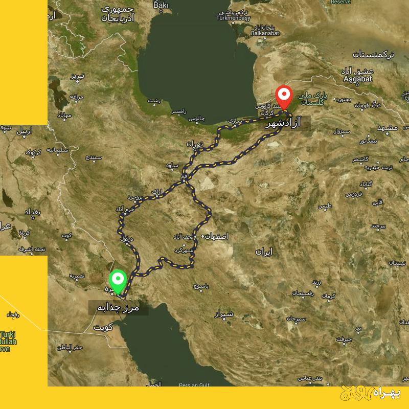 مسافت و فاصله آزادشهر - گلستان تا مرز چذابه - استان خوزستان از ۳ مسیر - اردیبهشت ۱۴۰۳