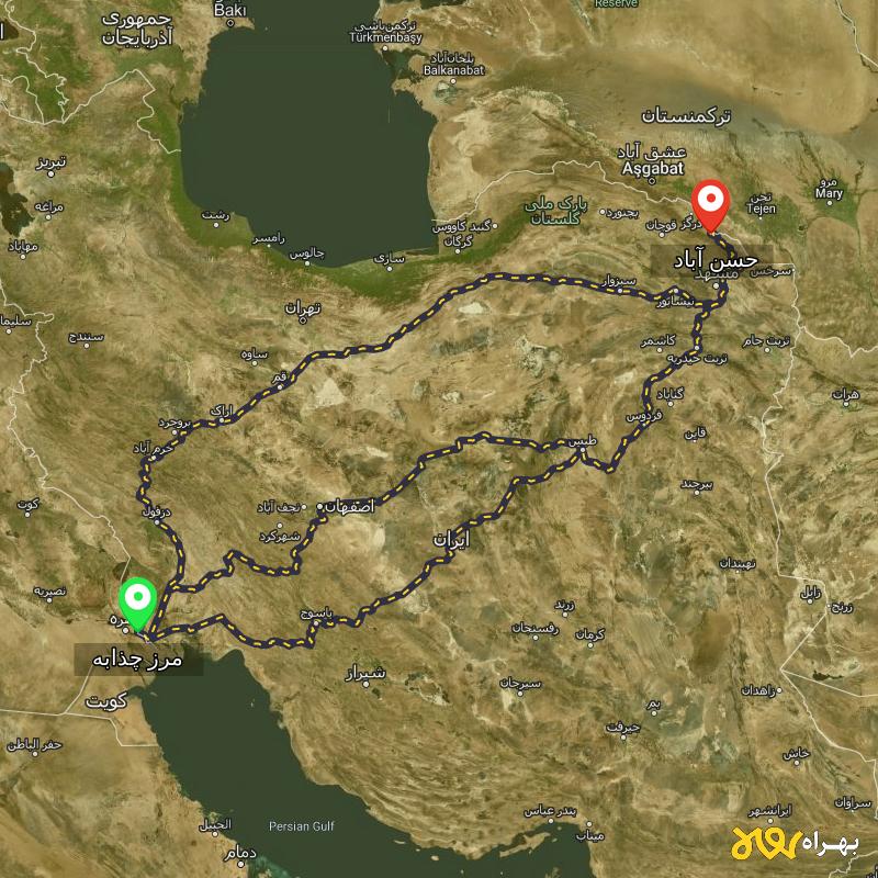 مسافت و فاصله حسن آباد - خراسان رضوی تا مرز چذابه - استان خوزستان از ۳ مسیر - شهریور ۱۴۰۳