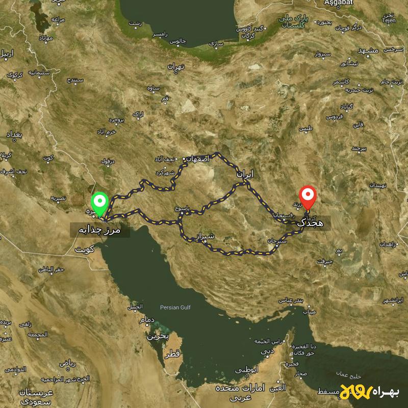 مسافت و فاصله هجدک - کرمان تا مرز چذابه - استان خوزستان از ۳ مسیر - اردیبهشت ۱۴۰۳