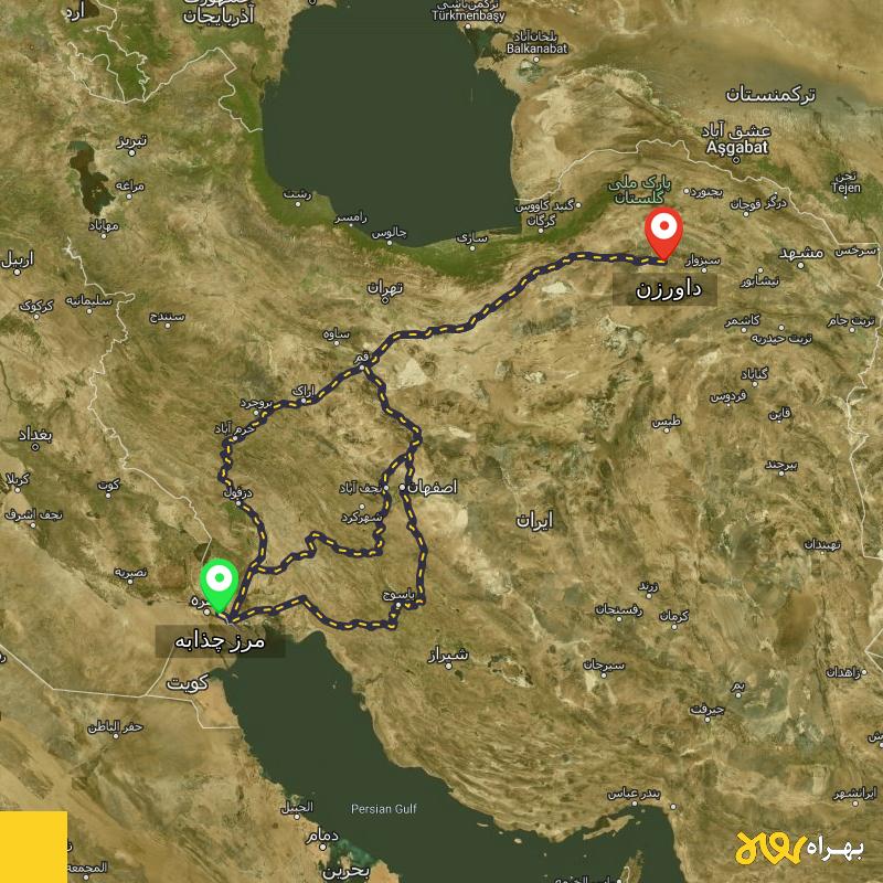 مسافت و فاصله داورزن - خراسان رضوی تا مرز چذابه - استان خوزستان از ۳ مسیر - شهریور ۱۴۰۳