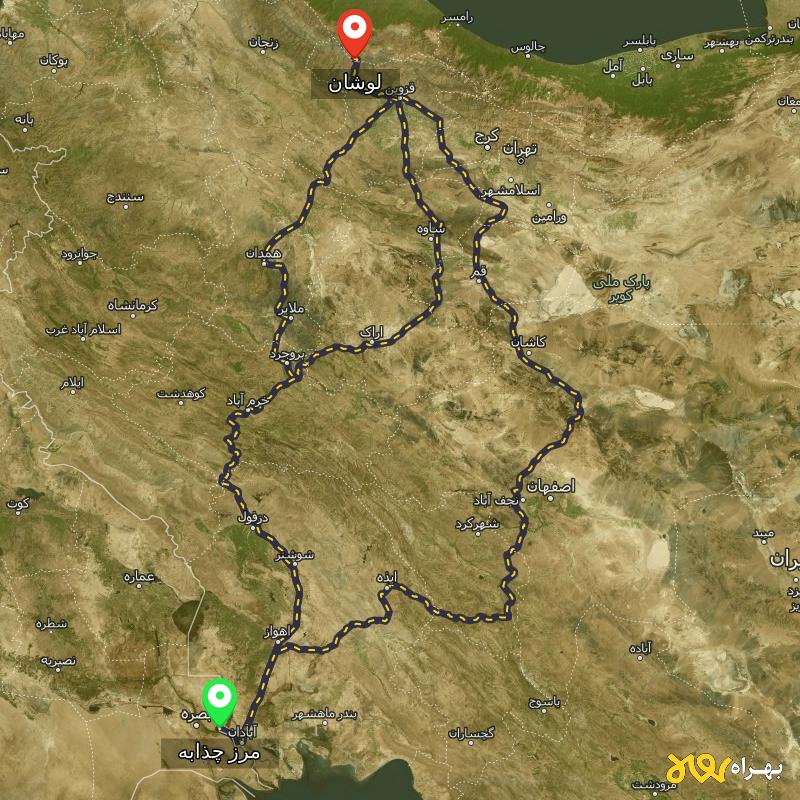 مسافت و فاصله لوشان - گیلان تا مرز چذابه - استان خوزستان از ۳ مسیر - اردیبهشت ۱۴۰۳