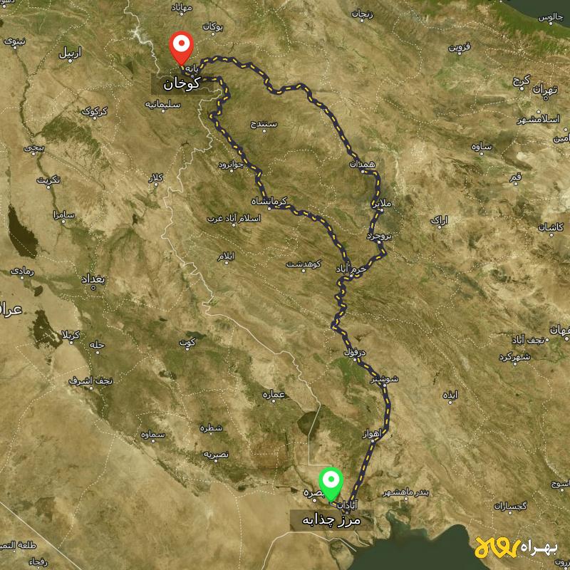 مسافت و فاصله کوخان - کردستان تا مرز چذابه - استان خوزستان از ۲ مسیر - مرداد ۱۴۰۳