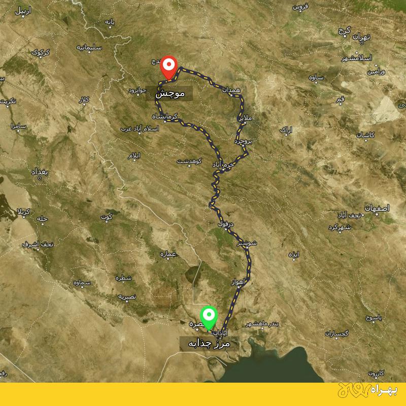 مسافت و فاصله موچش - کردستان تا مرز چذابه - استان خوزستان از ۲ مسیر - اردیبهشت ۱۴۰۳