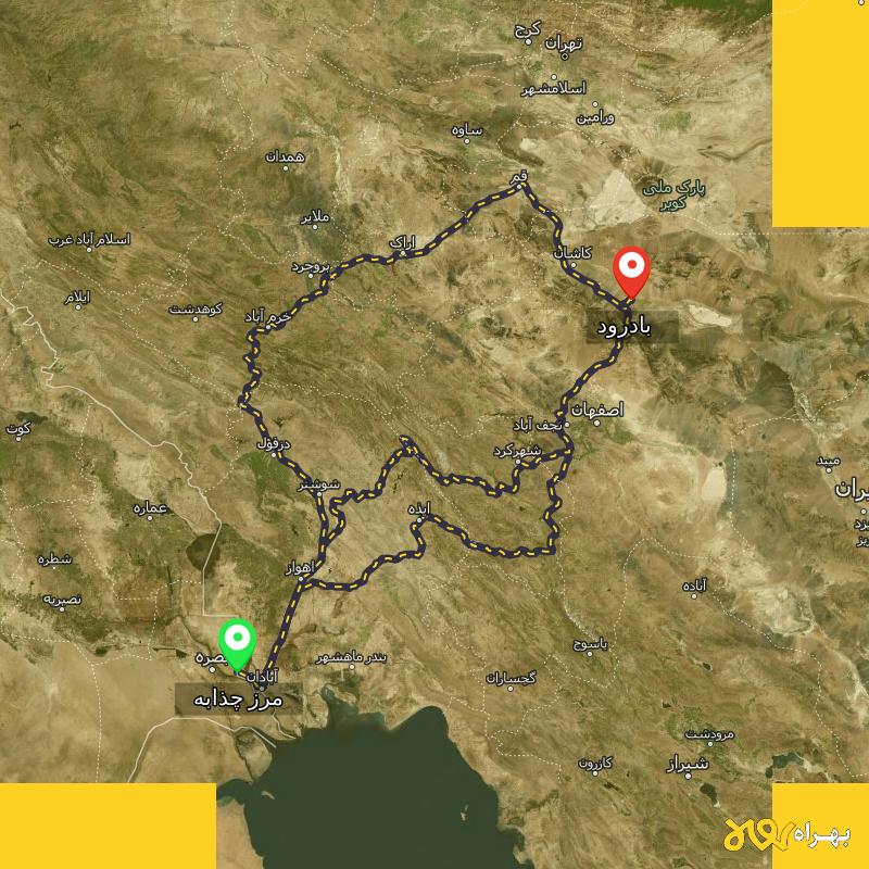 مسافت و فاصله بادرود - اصفهان تا مرز چذابه - استان خوزستان از ۳ مسیر - اردیبهشت ۱۴۰۳