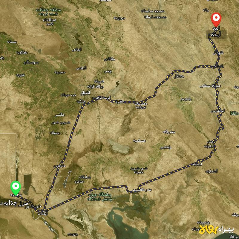 مسافت و فاصله ایذه - خوزستان تا مرز چذابه - استان خوزستان از ۲ مسیر - اردیبهشت ۱۴۰۳