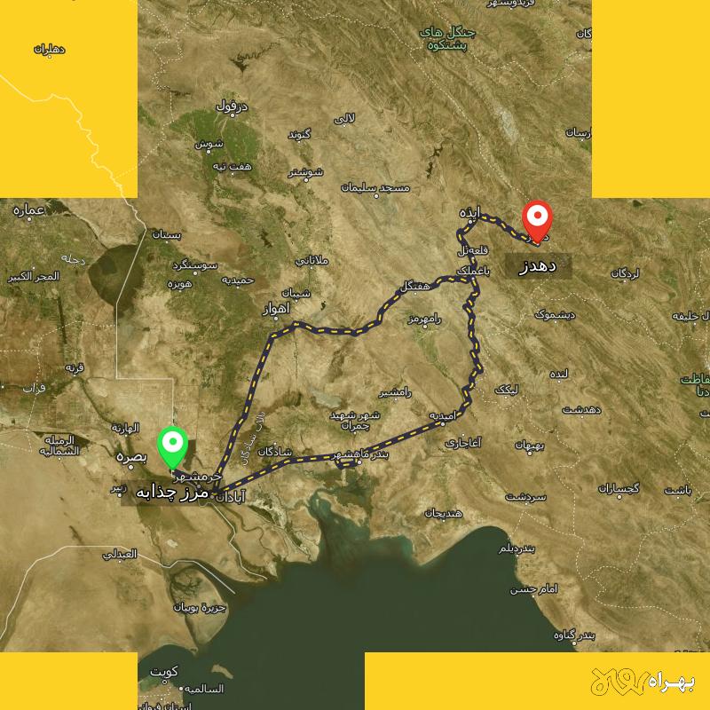 مسافت و فاصله دهدز - خوزستان تا مرز چذابه - استان خوزستان از ۲ مسیر - مرداد ۱۴۰۳