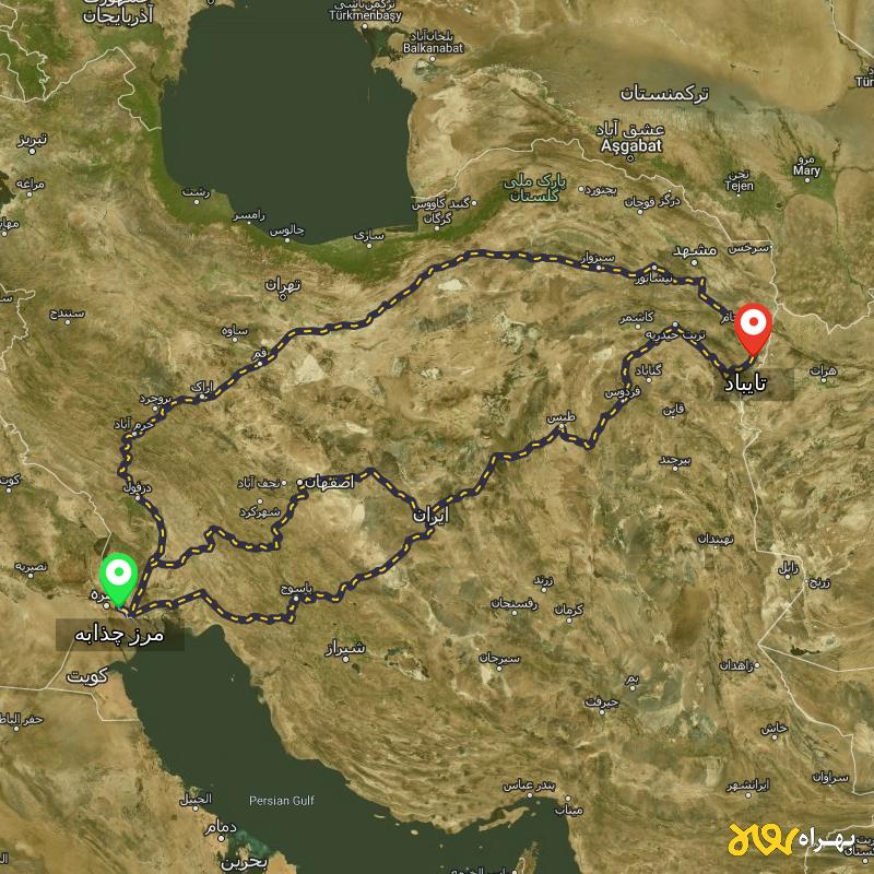مسافت و فاصله تایباد - خراسان رضوی تا مرز چذابه - استان خوزستان از ۳ مسیر - اردیبهشت ۱۴۰۳