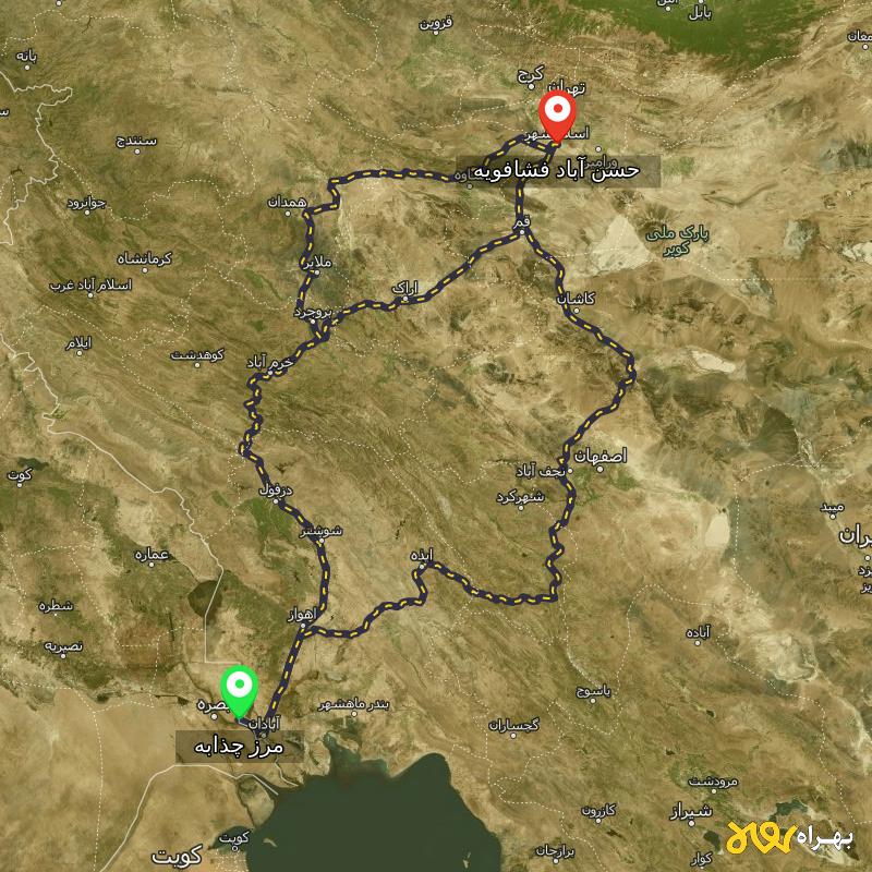 مسافت و فاصله حسن آباد فشافویه - تهران تا مرز چذابه - استان خوزستان از ۳ مسیر - اردیبهشت ۱۴۰۳