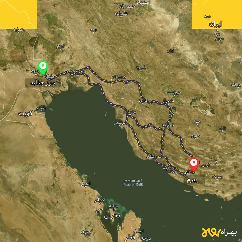 مسافت و فاصله بیرم - فارس تا مرز چذابه - استان خوزستان از ۳ مسیر - اردیبهشت ۱۴۰۳
