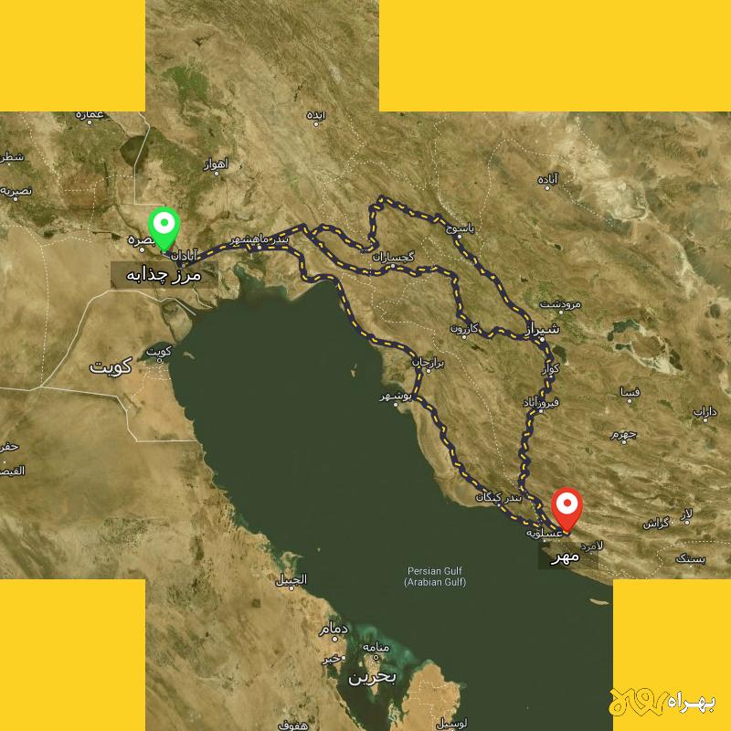 مسافت و فاصله مهر - فارس تا مرز چذابه - استان خوزستان از ۳ مسیر - اردیبهشت ۱۴۰۳