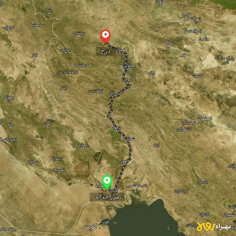 مسافت و فاصله دزج - کردستان تا مرز چذابه - استان خوزستان - اردیبهشت ۱۴۰۳