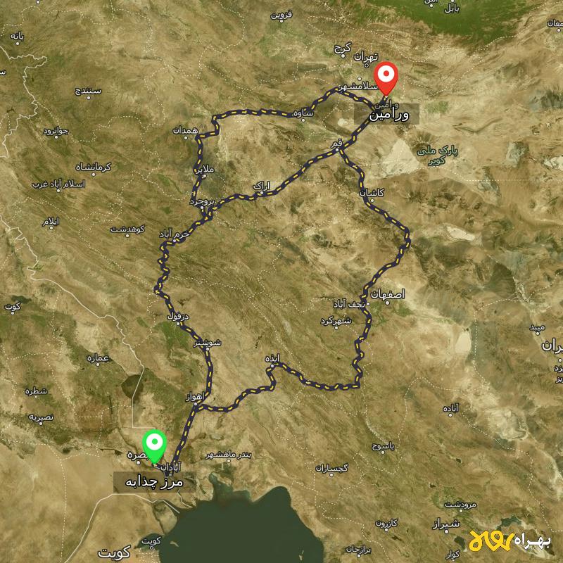 مسافت و فاصله ورامین - تهران تا مرز چذابه - استان خوزستان از ۳ مسیر - اردیبهشت ۱۴۰۳