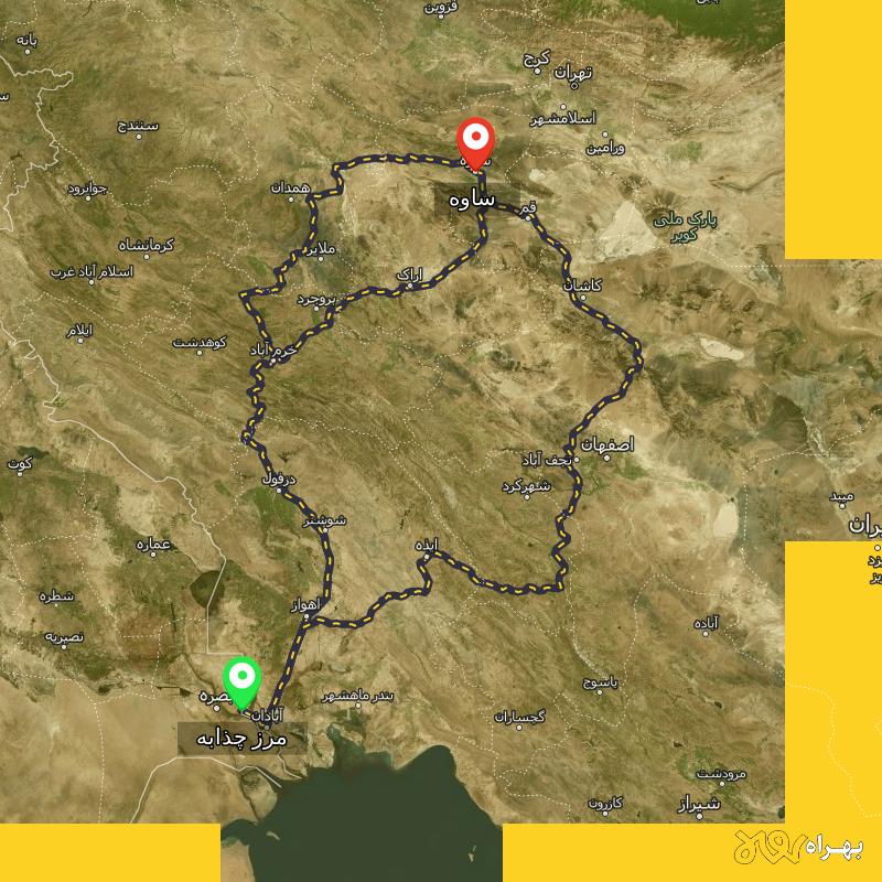 مسافت و فاصله ساوه تا مرز چذابه - استان خوزستان از ۳ مسیر - اردیبهشت ۱۴۰۳