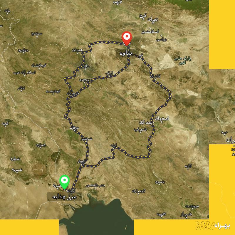 مسافت و فاصله ساوه تا مرز چذابه - استان خوزستان از ۳ مسیر - مرداد ۱۴۰۳