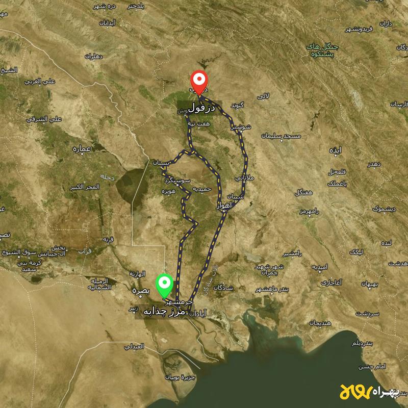 مسافت و فاصله دزفول تا مرز چذابه - استان خوزستان از ۳ مسیر - اردیبهشت ۱۴۰۳