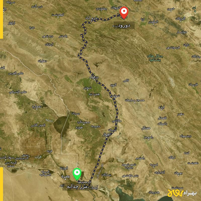 مسافت و فاصله دورود - لرستان تا مرز چذابه - استان خوزستان - اردیبهشت ۱۴۰۳