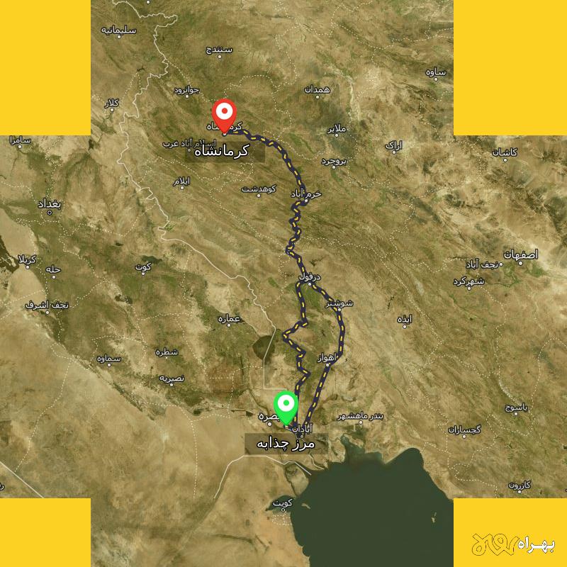 مسافت و فاصله کرمانشاه تا مرز چذابه - استان خوزستان از ۲ مسیر - اردیبهشت ۱۴۰۳