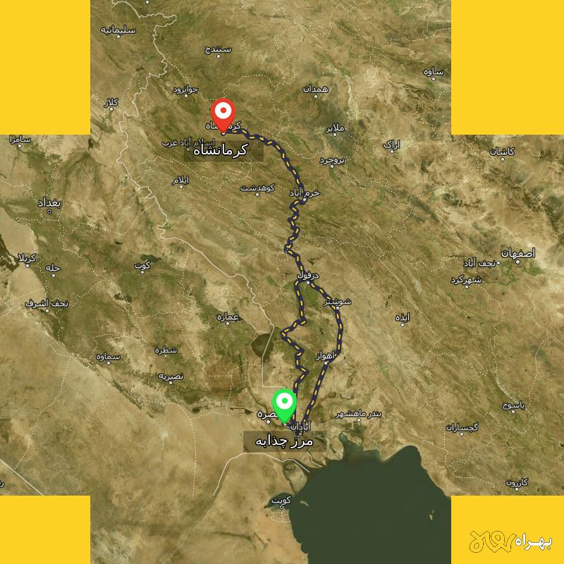مسافت و فاصله کرمانشاه تا مرز چذابه - استان خوزستان از ۲ مسیر - مهر ۱۴۰۳