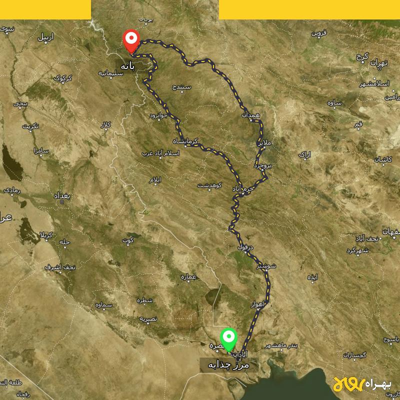 مسافت و فاصله بانه - کردستان تا مرز چذابه - استان خوزستان از ۲ مسیر - دی ۱۴۰۳