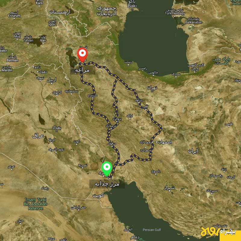 مسافت و فاصله مراغه - آذربایجان شرقی تا مرز چذابه - استان خوزستان از ۳ مسیر - اردیبهشت ۱۴۰۳