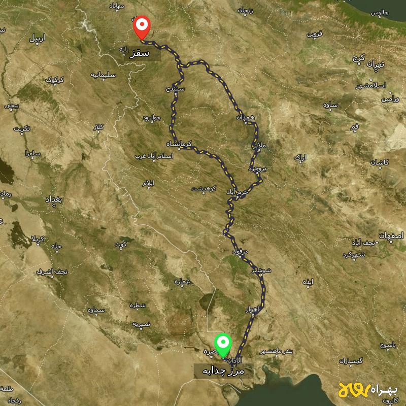 مسافت و فاصله سقز - کردستان تا مرز چذابه - استان خوزستان از ۲ مسیر - اردیبهشت ۱۴۰۳