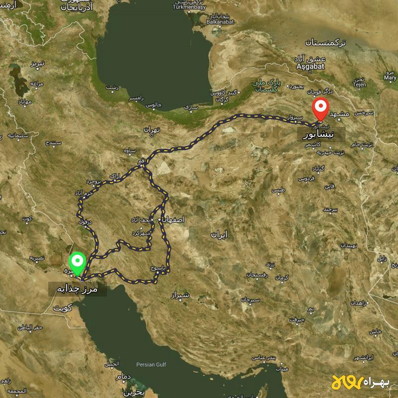 مسافت و فاصله نیشابور تا مرز چذابه - استان خوزستان از ۳ مسیر - اردیبهشت ۱۴۰۳