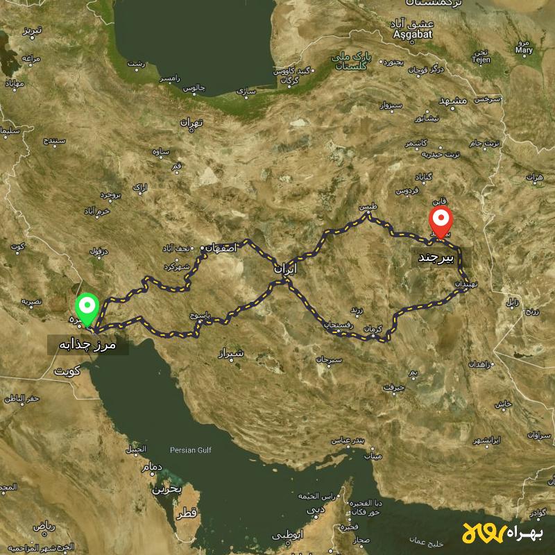 مسافت و فاصله بیرجند تا مرز چذابه - استان خوزستان از ۳ مسیر - مرداد ۱۴۰۳