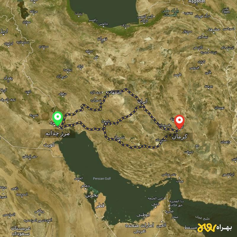 مسافت و فاصله کرمان تا مرز چذابه - استان خوزستان از ۳ مسیر - مرداد ۱۴۰۳