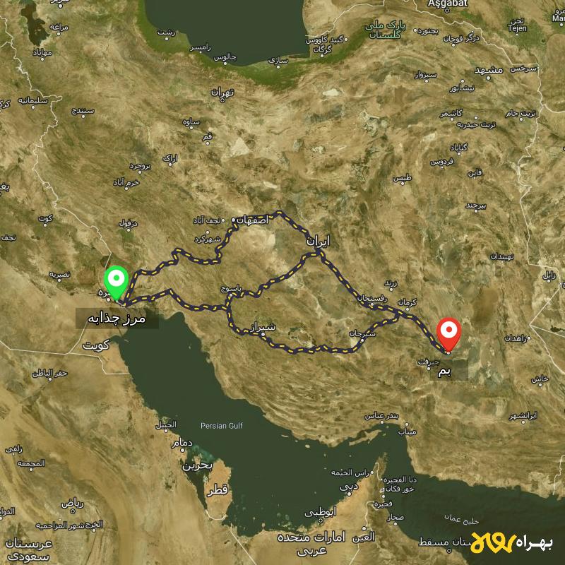 مسافت و فاصله بم تا مرز چذابه - استان خوزستان از ۳ مسیر - اردیبهشت ۱۴۰۳