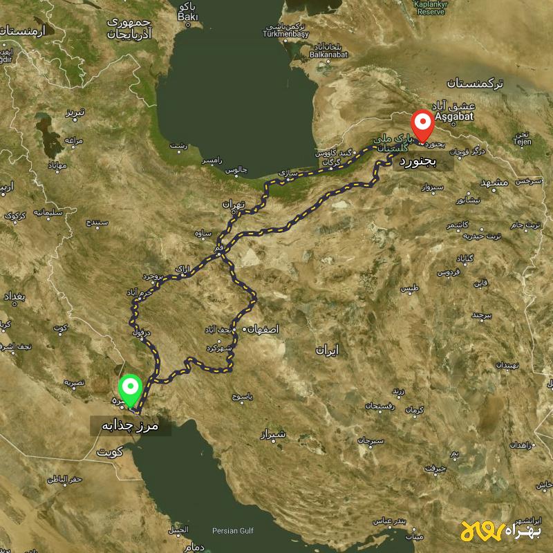 مسافت و فاصله بجنورد تا مرز چذابه - استان خوزستان از ۳ مسیر - مرداد ۱۴۰۳