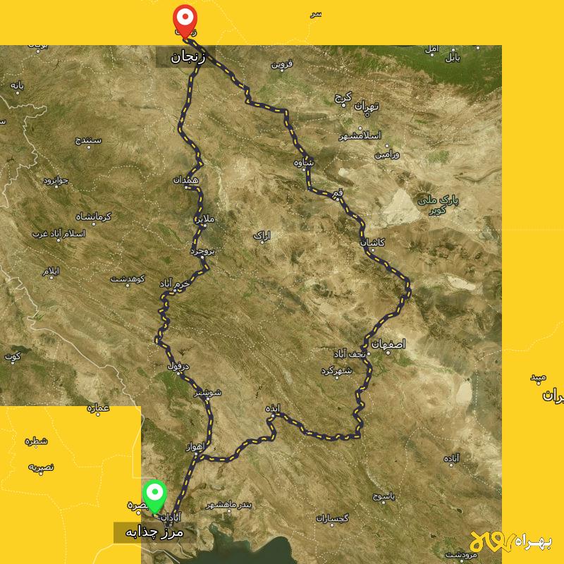 مسافت و فاصله زنجان تا مرز چذابه - استان خوزستان از ۲ مسیر - مهر ۱۴۰۳