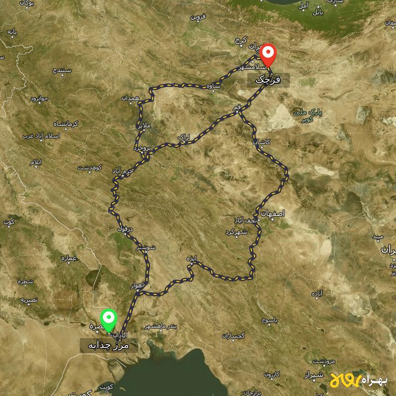 مسافت و فاصله قرچک - تهران تا مرز چذابه - استان خوزستان از ۳ مسیر - اردیبهشت ۱۴۰۳